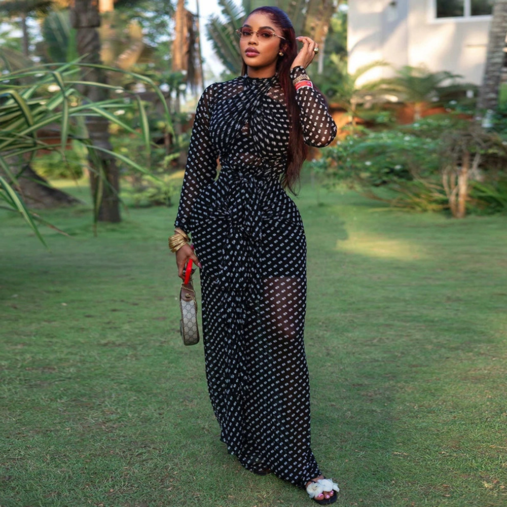 ZARA Chic Polka Dot High Neck Long Sleeve Bodycon Cinched Waist Travel Dress